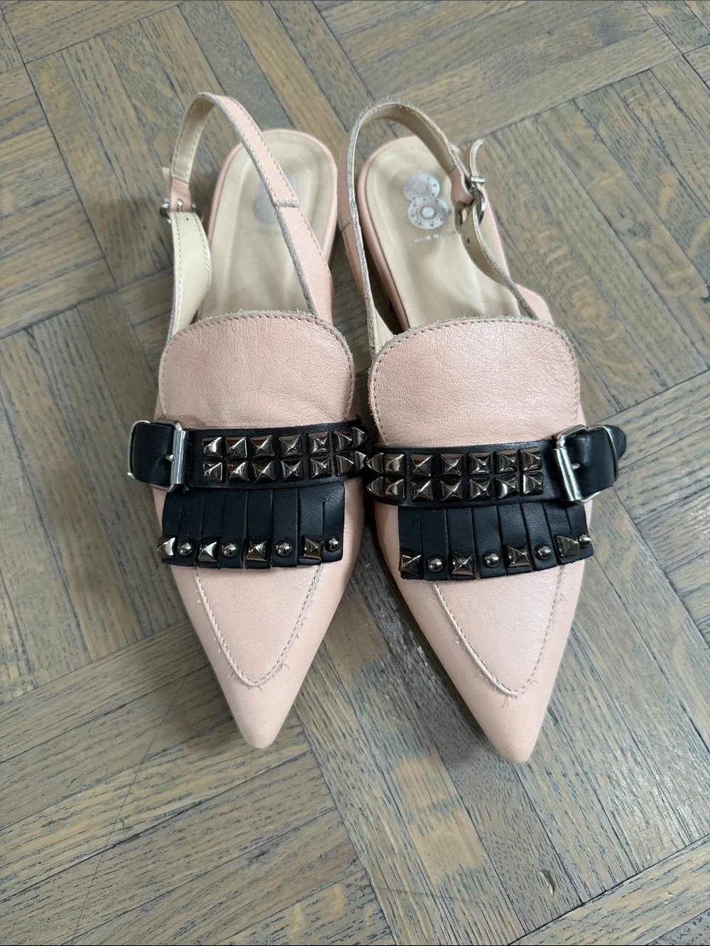 Pointed Slingback Flats in Blush with Black Fringe and Studs